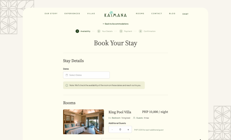 Kaimana booking page with date picker and room selection